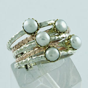 Impressionnante perle pierre trois tons faite à la main en argent sterling 925 bague empilable grossiste et fournisseur Inde - Product Image 2