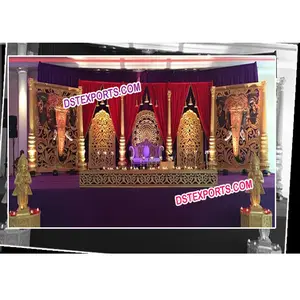 Royal Wedding Golden Carved Stage Set Wedding Stage Decoration Sets Indian Wedding Panel Stage