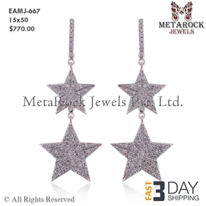 Boucles d'oreilles pendantes faites à la main en or blanc massif 14 carats Double étoile Bijoux de créateurs de mode Boucles d'oreilles en or blanc faites à la main - Product Image 2