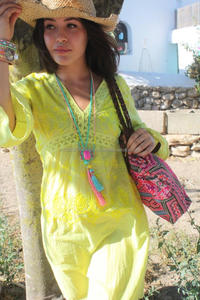 Superbe été nuances rêveuses Hippie manches Sexy col en V plage Boho robe incroyable citron couleur évider dentelle coton Tunica - Product Image 5