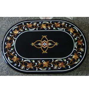 2024 nuevo diseño indio hecho a mano mármol negro forma ovalada atractivo diseño Floral incrustaciones de mármol mesa de comedor para decoración de cocina - Product Image 1