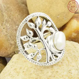 优雅外观经典设计时尚生命之树珍珠宝石925纯银珠宝戒指