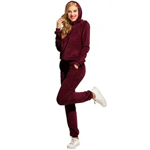 OEM कस्टम महिलाओं लाल बरगंडी हूडि सेट मखमल Tracksuits/नवीनतम डिजाइन tracksuits / velour tracksuits मखमल