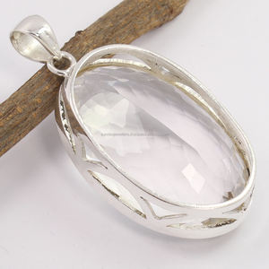 Indian Casual 925 Solid Sterling Silver Charming Solitaire Pendant Natural CRYSTAL QUARTZ Oval Shaped Gemstone - Product Image 2
