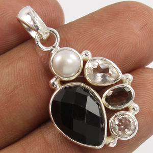 Increíble joyería de plata de ley sólida 925, colgante solitario, ajuste de bisel, ónix negro Natural y otras piedras preciosas, corte facetado - Product Image 1