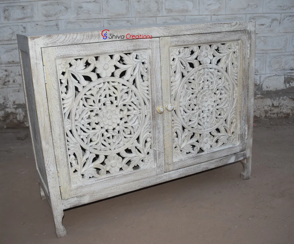 Handmade Durable Mango Wooden Carved Cabinet Furniture Antique Design Style for Hotel Living Room Multi-Purpose for Home Use