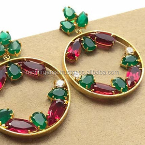 <b>Emerald</b> Green and Ruby Pink Round Statement Gemstone Gold Dangle Fashion Earrings - Product Image 4
