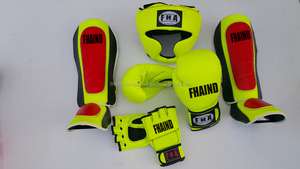 Boxing Equipment Set Leather Neon Colors <b>Shin</b> Instep, Head <b>Guard</b>, <b>MMA</b> Gloves - Product Image 1