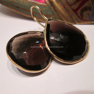 925 <b>sterling</b> <b>silver</b> Smokey Quartz Gemstone Handmade bezel gold vermeil earrings - Product Image 1