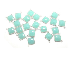 Calcédoine péruvienne 925 lunette pierre précieuse carrée naturelle connecteur Boho fait à la main Double caution plaqué or pierre de naissance bleu argent - Product Image 1