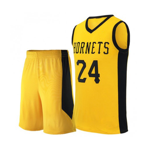 Maillots de basket-ball personnalisés en gros avec impression par sublimation numérique, 100% polyester respirant en maille, uniformes d'équipe noir et jaune - Product Image 1