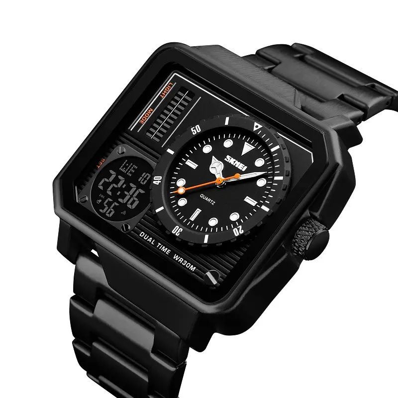 Black high quality mens watches metal band analog square big face wristwatch