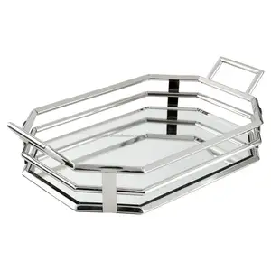 New Collection Italian Stylish Serving trays made In India Serving Metal Tray With LID Rectangular Octagon Silver Mirrored Tray