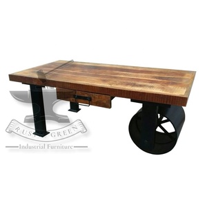 Mesa de centro industrial de madera maciza de hierro y madera con ruedas para muebles para el hogar - Product Image 6