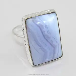 Cincin batu akik renda biru Cabochon, batu permata semi mulia, grosir 925 perak Solid, pabrik perhiasan dengan harga wajar