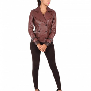 Chaqueta de cuero auténtica acolchada con doble botonadura elegante para mujer al por mayor, transpirable, a la moda, bordado, decoración, viscosa - Product Image 1