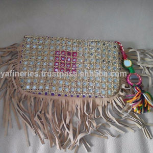 Handmade Vintage Banjara <b>Women's</b> Clutch <b>Bag</b> Embroidered Suede Fringes Leather Cotton Lining Fashion <b>Pouch</b> Zipper Closure Bulk - Product Image 3