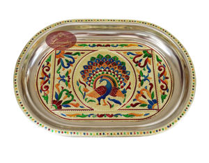 BANDEJA DECORATIVA MEENAKARI DE ACERO INOXIDABLE DISEÑADO ROYAL PAVECO REAL-DORADO DE LA (8,35 "X 12,50" X 0,87 "PULGADAS) - Product Image 1
