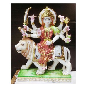 Statue de marbré blanc de la déesse du dessin animé Maa Durga, Statue en marbre blanc, siège du Lion, pour le culte et la prière - Product Image 1
