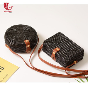 Unieke Cirkel Handgemaakte Stro Rotan Tas Met Lederen Handvat/Zwart Vintage Cirkel Vrouw Schouder Handtas - Product Image 4