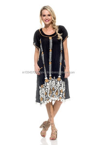 Moda de gama alta 2025 Diseñador Ropa de playa Manga de burbuja Exclusivo Aari Bordado Algodón Campesino Túnica Midi Vestido - Product Image 3