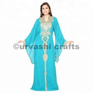 100% Georgette tissu été à manches longues soirée dubaï mariage caftan avec perles à la main arabe caftan robes dans le prix usine - Product Image 4