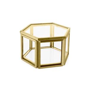Boîte de rangement hexagonale en verre avec cadre en métal doré pour organiser les bijoux - Product Image 1