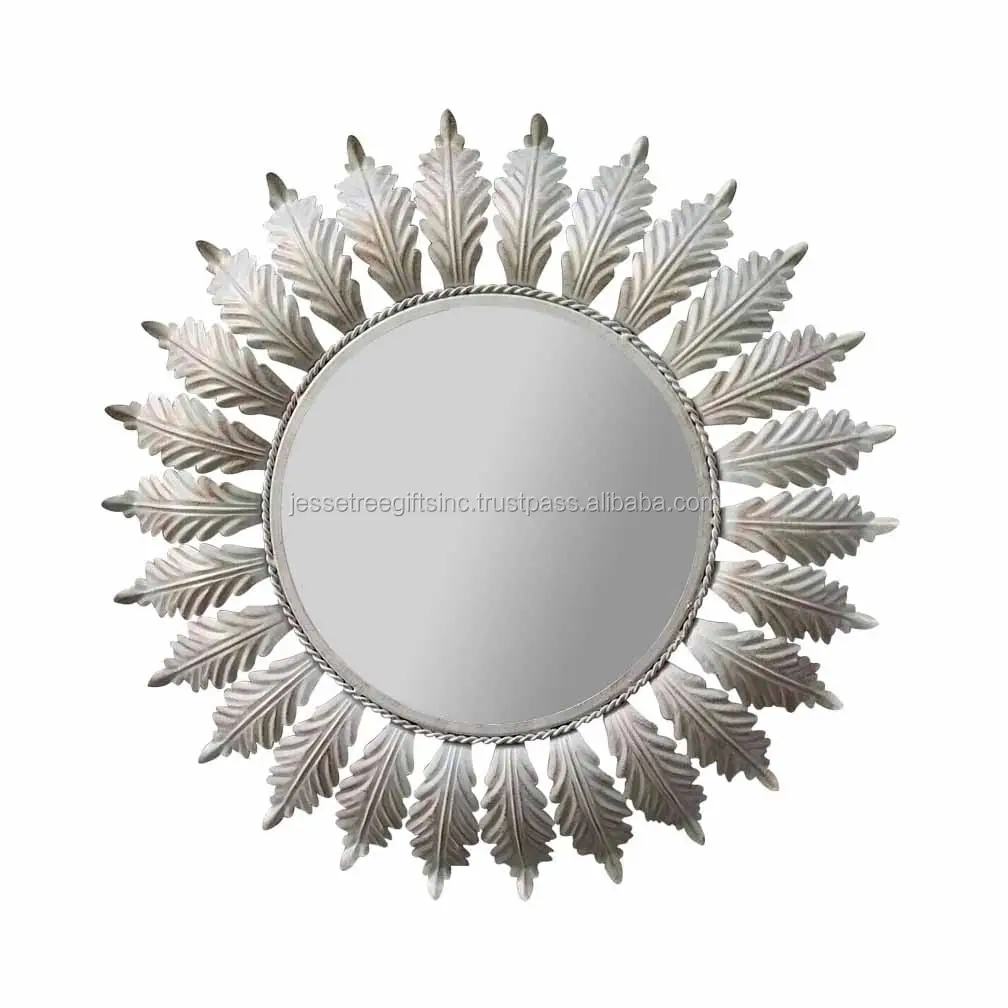 회색 분말 코팅 마감 잎 디자인 원형 홈 장식용 우수한 품질 금속 벽걸이 거울