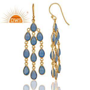 Boucles d'oreilles pendantes en argent 925 plaqué or 18 carats avec pierre de calcédoine bleue, serties en clos, pour soirée, vente en gros de bijoux - Product Image 2
