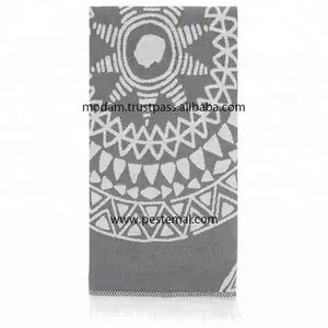 Highly Absorbent Turkish Oversized Pestemal Towel with Round Mandala Symbols Patterned and Thin Microfiber Cloth %100 Cotton