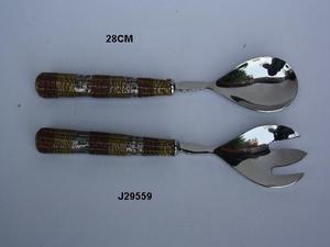 Ensemble de serveurs à salade en acier avec manche tressé, couverts faits à la main, cuillère à salade et fourchette à salade en acier - Product Image 2