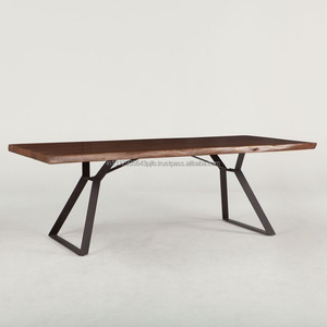 Ensemble de table à manger moderne en bois massif à bords vivants meubles d'extérieur ou de bar de ferme de cuisine avec base en métal pour la maison - Product Image 1