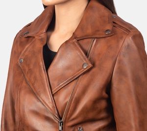 Veste en cuir véritable à la mode pour femmes en beige foncé look motard sportif nouveautés conception personnalisée pas cher en gros - Product Image 6