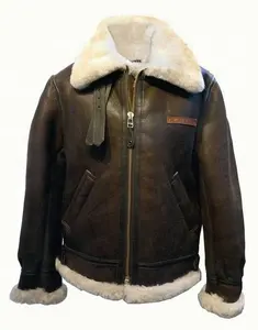Men's B-3棕色皮革羊皮羊毛腰部和袖口有松紧带的短夹克