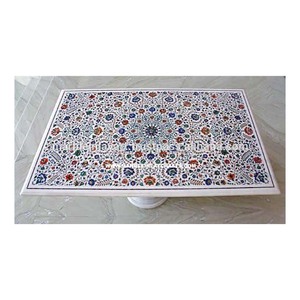 Mesa de comedor con incrustaciones de mármol blanco, forma Rectangular - Product Image 1