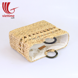 Bolso de mano de jacinto de agua de nuevo diseño 2019, bolso de mano de paja con cierre abierto con decoración Floral, bolso de compras al por mayor de Vietnam - Product Image 3