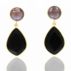 Wholesale 925 Sterling Silver Handmade Drop Dangle <b>Earrings</b> Black <b>Onyx</b> and Blue Amethyst With Gold Plating Fashion Jewelry - Product Image 1
