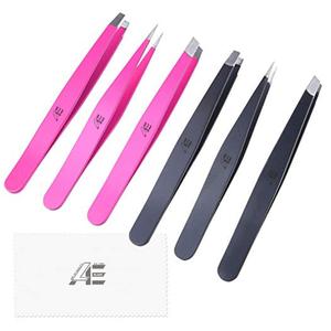 LOT DE 6 Pinceaux à épiler de précision en acier inoxydable à pointe inclinée plate ROSE/NOIR 12cm Instrument de beauté pour sourcils - Product Image 1