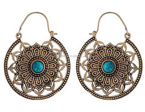 Tribal Boho Brass <b>Hoop</b> Earring with Semi-Precious Stone <b>Floral</b> Pattern and Diamond for Wedding Party Engagement or Gift - Product Image 1