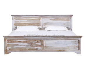 Lit double en bois massif rustique contemporain lavage blanc pour l'utilisation de meubles de maison - Product Image 1