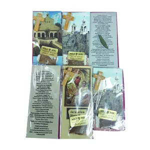 Set Holy Land Souvenir Olive Wood Cross Crucifix + Packet of Holy Earth with Olive Leaf.