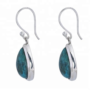 Blue Chrysocolla Gemstone Pear Shape 925 <b>Sterling</b> <b>Silver</b> Hook Dangle Earring Fashionable Bezel Setting Wedding Party Gift - Product Image 2