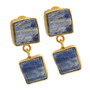 Pendientes colgantes de Plata de Ley 925 con forma cuadrada de piedras preciosas de cianita azul natural chapados en oro, pendientes de moda para mujer. - Product Image 1