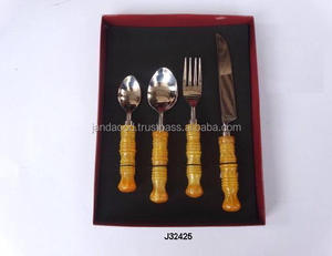 Juego de cubiertos de acero de alta calidad, espejo pulido con mango de madera estriado, cubiertos, vajilla, Juego de 4 Uds. - Product Image 3