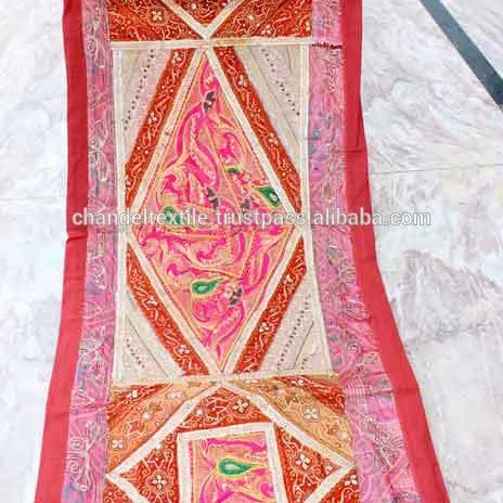 Indian Hand Embroidered Table runner Wall Tapestry Decorative Runner Beaded Work Handicraft Cotton Zari old work Tapestry Ethnic