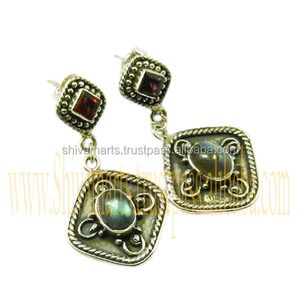 Joyería de plata fina hecha a mano eminente granate labradorita genuina pendientes de múltiples piedras preciosas chapados en oro para fiesta o regalo - Product Image 2