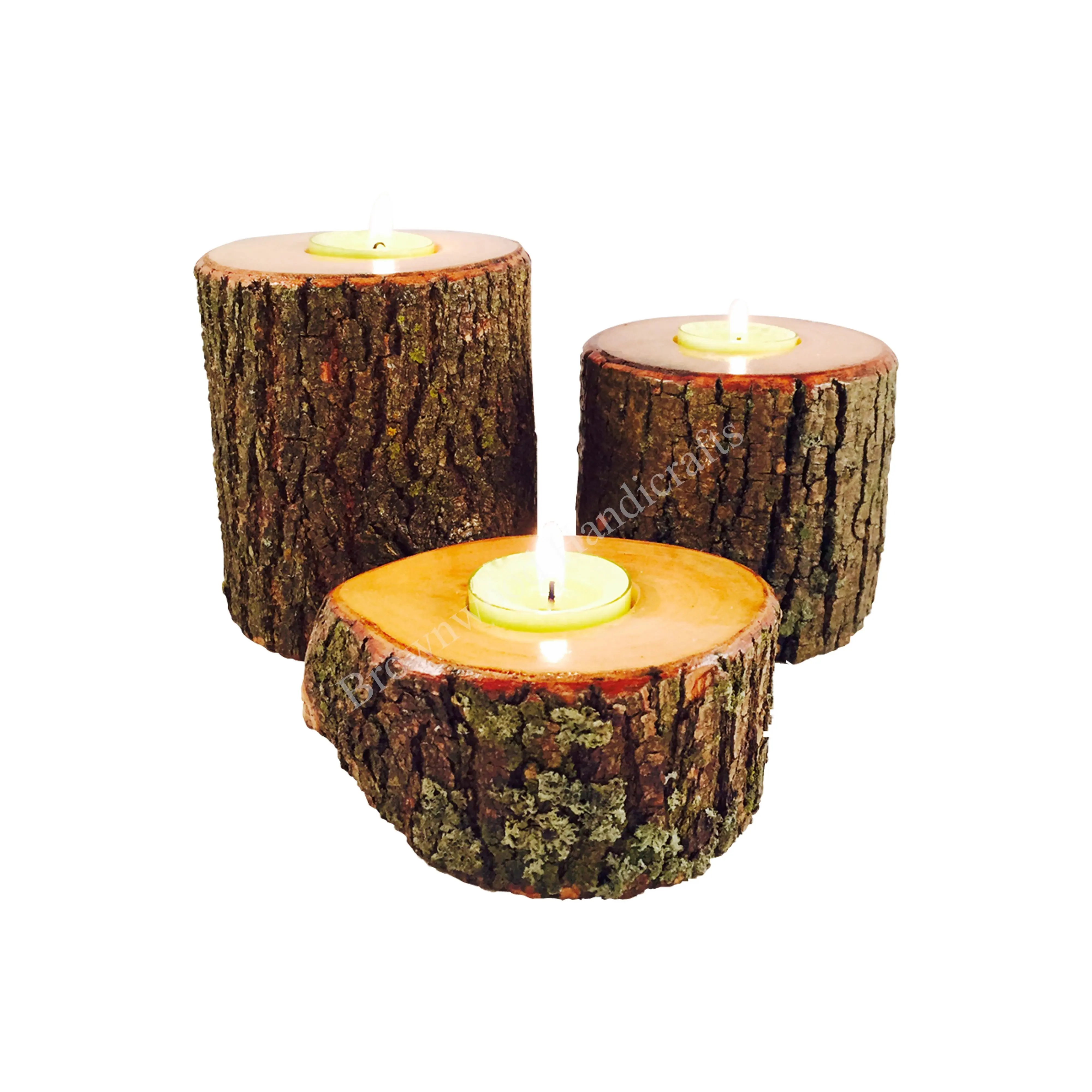 Vintage Round Wooden Tealight Candle Holder | Tree Bark Candle Holder For Wedding and Christmas Decoration Set of 3 at Low Price