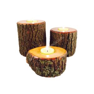 Bougeoirs à bougie chauffe-plat ronds en bois écorce d'arbre Vintage lot de 3 parfaits pour mariage et décoration festive prix abordable - Product Image 1