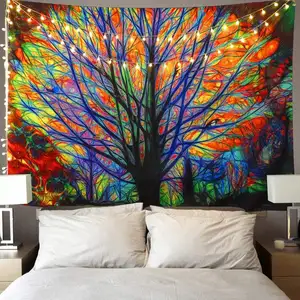 Renkli ağaç goblen duvar asılı Psychedelic orman kuşlar duvar halısı Bohemian Mandala hippi goblen % 100% pamuk