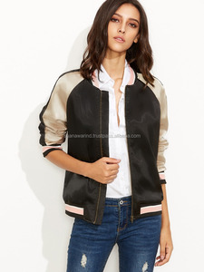 High Quality Coated Stand Collar Satin Embroidery Waterproof Windproof Bomber Jacket for Women - Product Image 4